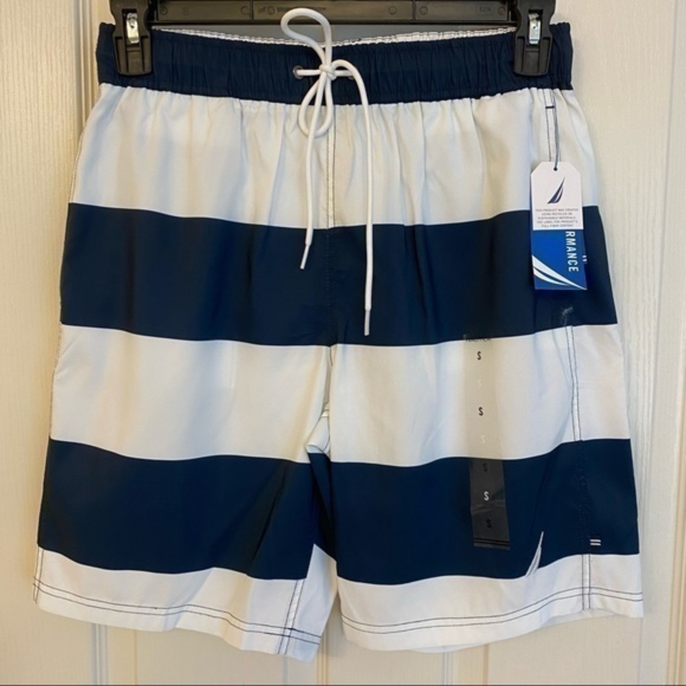 Nautica Men's Quick-Dry Stripe 18" Board Shorts in Navy/White Size S